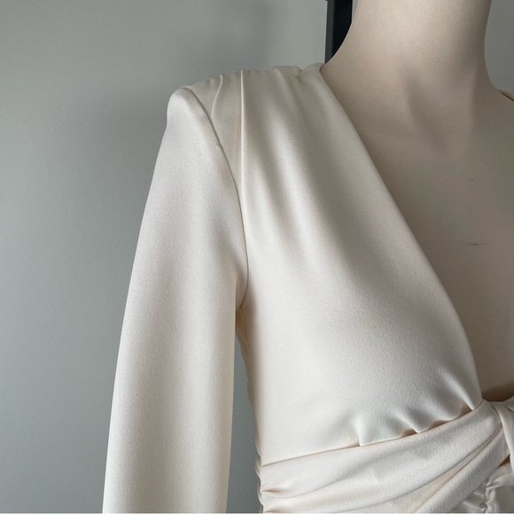 Zara Ruched Deep V Plunge Mini Dress Cream Long Sleeves Bodycon Size Small NWT - Picture 6 of 10